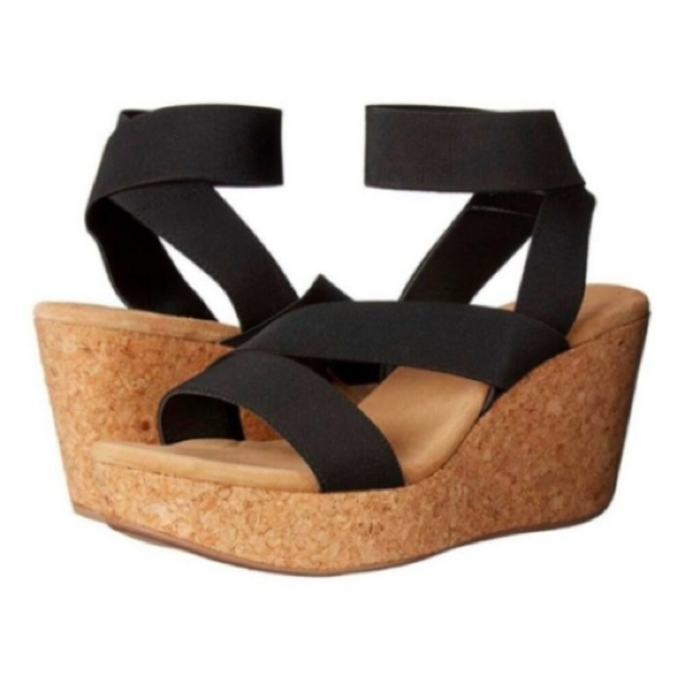 Splendid Black Elastic Strap Cork Wedge Sandals